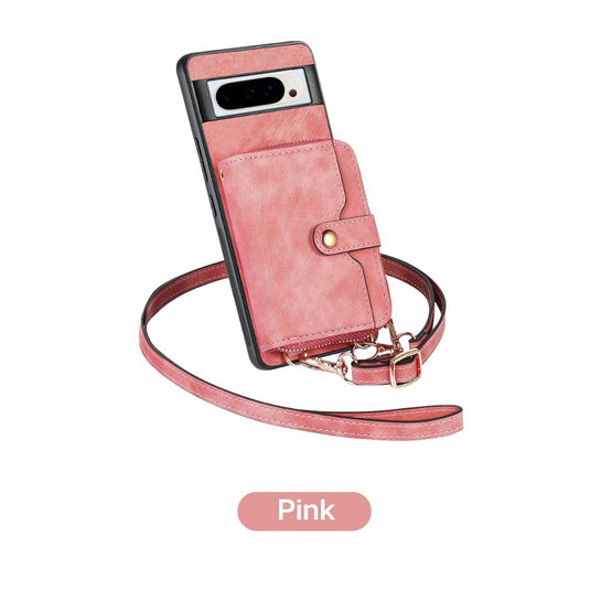 [With Card Slot] Google Pixel 9/Pro/Pro XL - Women Crossbody Zip PU Leather Wallet With Lanyard Drop proof Case