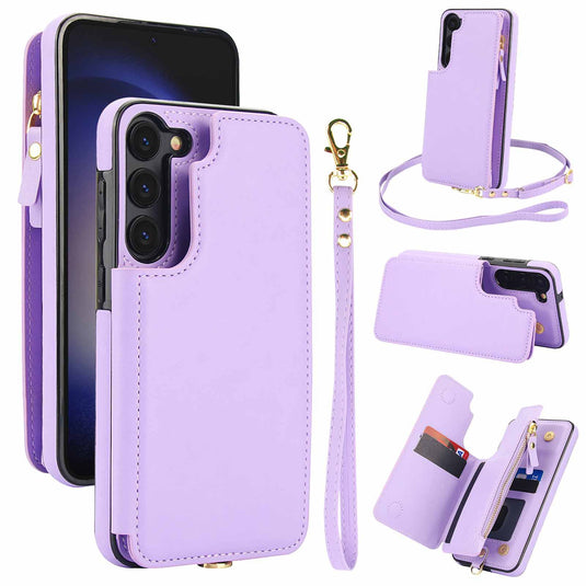 [With Card Slot] Samsung Galaxy S21/Plus/Ultra/FE - PU Leather RFID Blocking Wallet Series Stand Case With Long + Short Lanyard