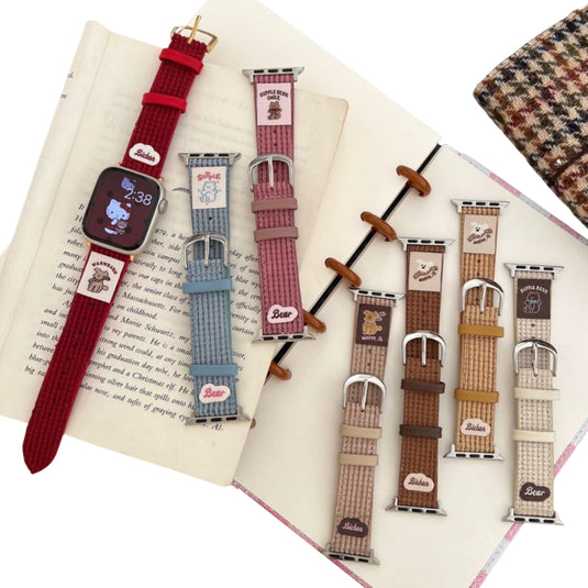 Apple Watch Series 1/2/3/4/5/6/SE/7/8/9/10/Ultra - Waffle Pattern Cartoon Animal Logo Leather Watch Band