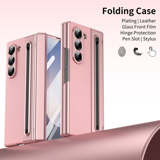 [Built-in Card Slot] Samsung Galaxy Z Fold7 Folding Electroplated PU Leather Case with Tempered Glass Screen Protector