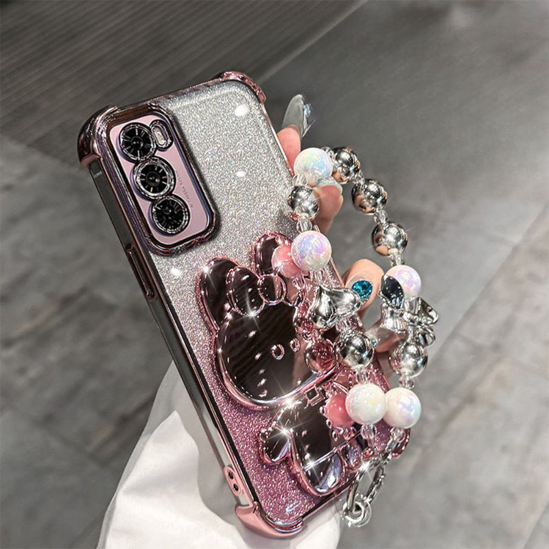 Load image into Gallery viewer, OPPO Reno 12 Pro 5G (CPH2629) - Rabbit Makeup Mirror Stand Series Case With Gradient Flash Card and Pearl Bracelet
