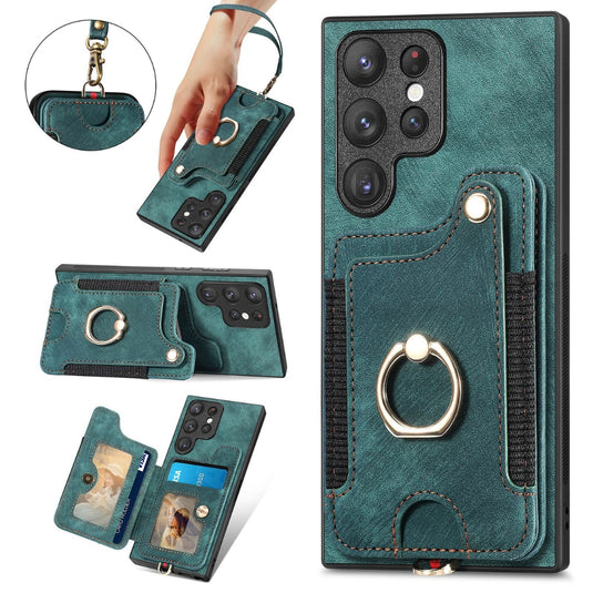 [With Card Slot] Samsung Galaxy S23/Plus/Ultra/FE - Anti-skimming PU Leather Stand Series Case With Leather Lanyard and Ring