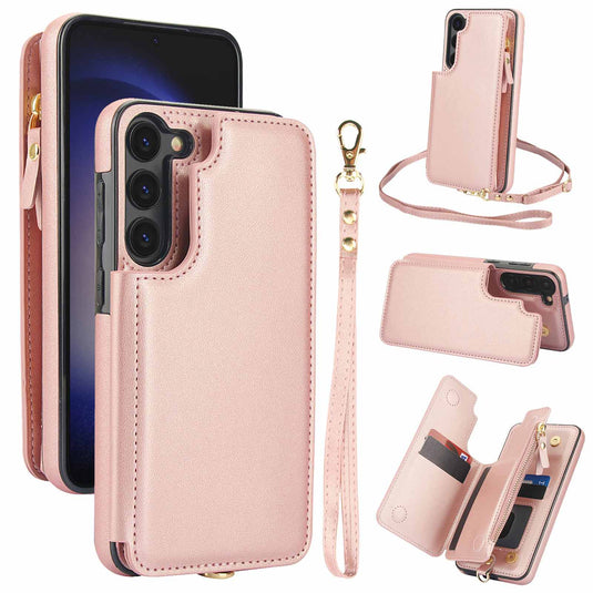 [With Card Slot] Samsung Galaxy S21/Plus/Ultra/FE - PU Leather RFID Blocking Wallet Series Stand Case With Long + Short Lanyard