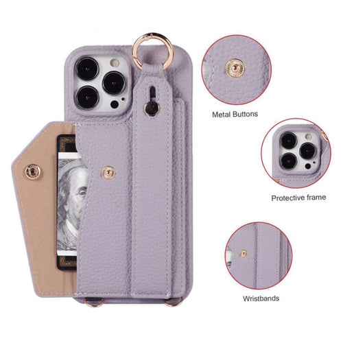 [With Card Slot] Apple iPhone 13/Mini/Pro/Max PC + PU Envelope Leather Wallet Case With Wrist & Shoulder Strap