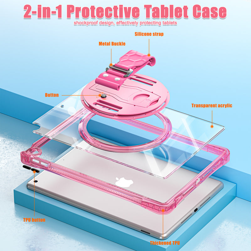 Load image into Gallery viewer, [Built-in Stand][With Wrist Strap] Apple iPad 7/8/9 10.2&#39;&#39; 7/8/9th Gen (2019/2020/2021) Acrylic Transparent Waterproof Heavy Duty Ring Holder Stand Case
