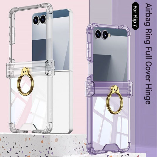 Samsung Galaxy Z Flip7 PC + TPU Full Covered Hinge Transparent Airbag Foldable Ring Case