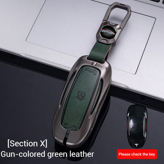 Tesla Metal + PU Leather Smart Car Key Fob Case for Model 3, S, Y, X