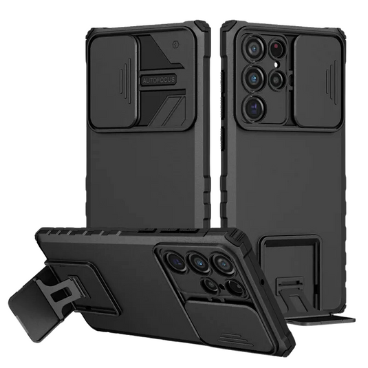 [Built-in Stand][With Slide Len Cover] Samsung Galaxy S24 SM-S921/Plus SM-S926/Ultra SM-S928 Full Coverage Airbag Silicone Heavy Duty Series Case