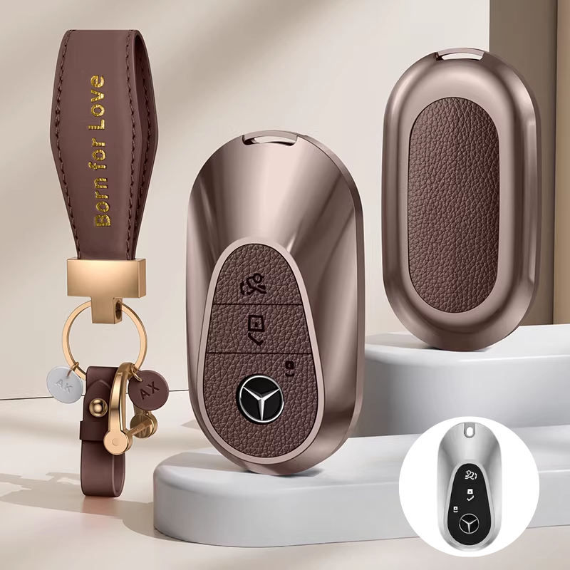 Load image into Gallery viewer, Mercedes Benz Aluminum Alloy Leather Car Key Fob Case Cover For Benz A, C, E, S, G-Class, GLA, GLB, GLC, GLE, GLS, CLA, CLS, EQC
