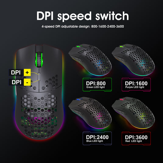 Wireless Lightweight RGB Gaming Mouse With Honeycomb Shell 6 Programmable Buttons