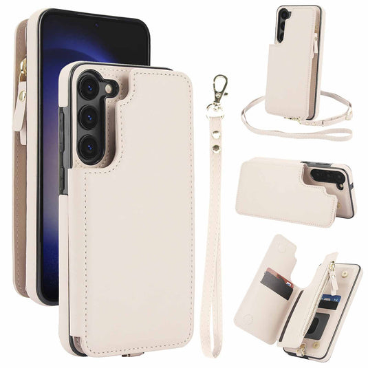 [With Card Slot] Samsung Galaxy S21/Plus/Ultra/FE - PU Leather RFID Blocking Wallet Series Stand Case With Long + Short Lanyard