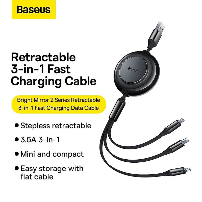 Load image into Gallery viewer, Baseus Bright Mirror 2 Series Retractable 3-in-1 Fast Charging Data Cable USB to M+L+C 3.5A 1.1m
