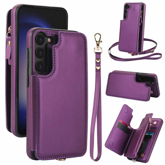 [With Card Slot] Samsung Galaxy S21/Plus/Ultra/FE - PU Leather RFID Blocking Wallet Series Stand Case With Long + Short Lanyard