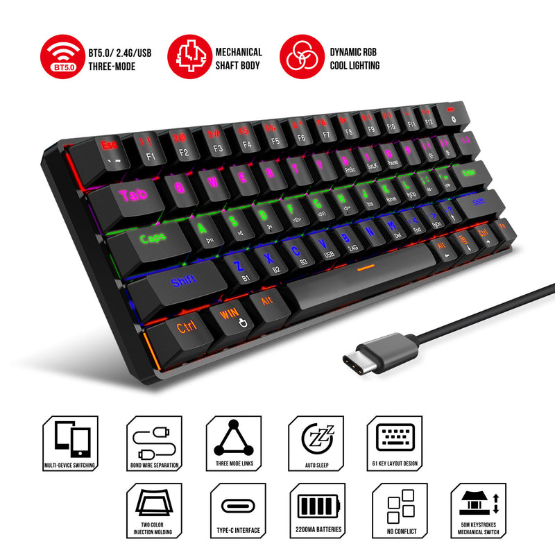 Load image into Gallery viewer, 60% Mechanical Keyboard with Coiled Cable, 2.4Ghz/Bluetooth/Wired, Wireless Bluetooth Mini Keyboard 61 Keys, RGB Hot Swappable Blue Switch Gaming Keyboard
