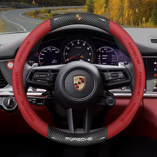 Porsche Carbon Fiber & Soft Suede Leather Luxury Grip & Anti-Slip Protection Steering Wheel Cover For Cayenne, Macan,  Panamera, 718, Taycan, 911