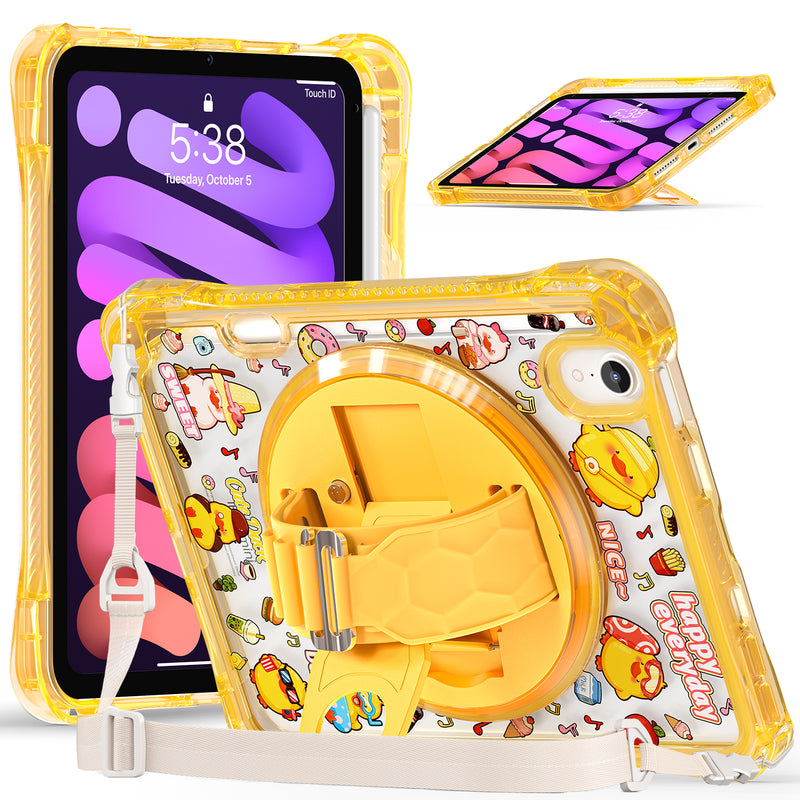 Load image into Gallery viewer, [Built-in Pen Slot][With Shoulder Strap] Apple iPad Mini 6/7 8.3&#39;&#39; 6/7th Gen (2021/2024) Cartoon Kids Transparent Anti-Drop Protective Stand Case
