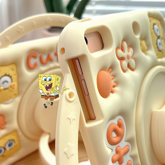 [Built-in Ring Holder][With Pen Slot] Apple iPad 5/6 9.7'' 5/6th Gen (2017/2018) SpongeBob Cartoon Silicone Anti-Drop Protective Case