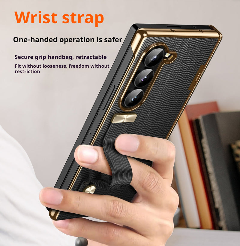 Load image into Gallery viewer, [With Wrist Strap] Samsung Galaxy Z Fold 4 SM-F936 Electroplated Plain Leather Rotating Hinge shockproof Essentials Series Case
