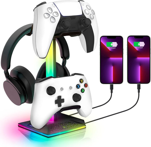 RGB Lighting Ambient Lamp, Gaming Controller Headphone Hook Stand With 2 USB Charging Ports and 3.5mm & Type-C Port for Desktop Gamer PS5,PS4,Xbox