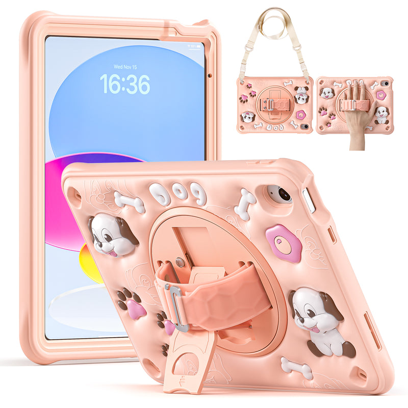 Load image into Gallery viewer, [With Shoulder Strap] Apple iPad 10 / 10th (2022) 10.9&quot; - Kid Friendly Pink Cartoon Dog Heavy Duty Stand Series
