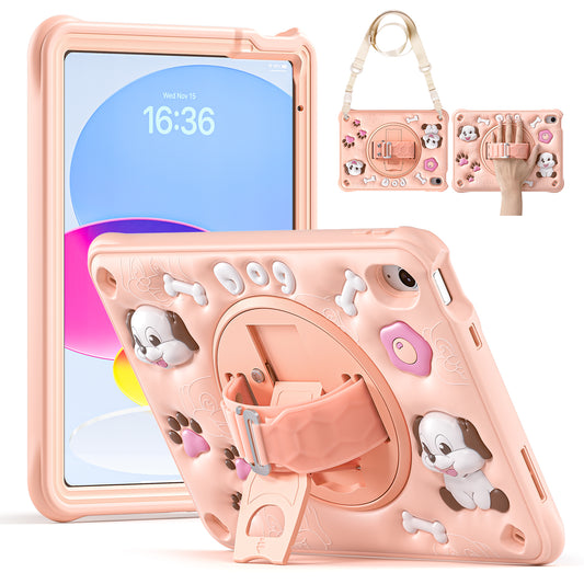 [With Shoulder Strap] Apple iPad 10 / 10th (2022) 10.9" - Kid Friendly Pink Cartoon Dog Heavy Duty Stand Series