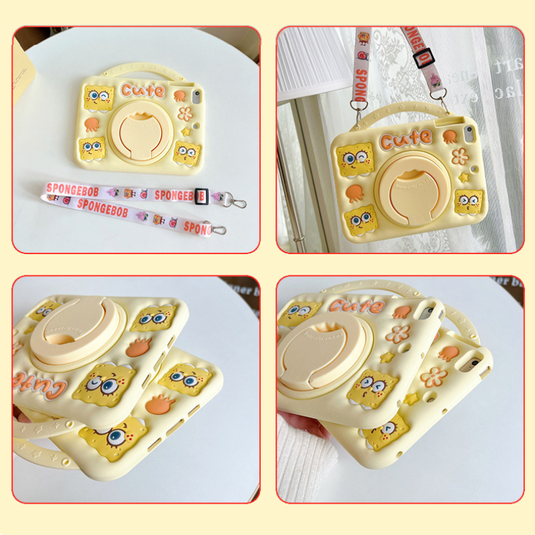 [Built-in Ring Holder][With Pen Slot] Apple iPad 5/6 9.7'' 5/6th Gen (2017/2018) SpongeBob Cartoon Silicone Anti-Drop Protective Case