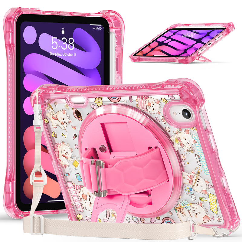 Load image into Gallery viewer, [Built-in Pen Slot][With Shoulder Strap] Apple iPad Mini 6/7 8.3&#39;&#39; 6/7th Gen (2021/2024) Cartoon Kids Transparent Anti-Drop Protective Stand Case
