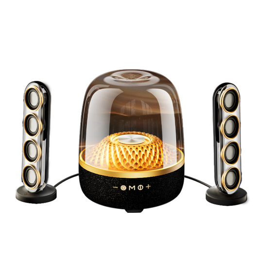 [L21 Max][With Speakers & Stand] 2.1 Channel RGB Crystal Clear Desktop Speaker with Bluetooth 5.4 & AUX-IN, Black & Gold Collector’s Edition