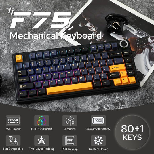 Aula F75 Gasket Mechanical Keyboard, 75% Wireless Hot Swappable Gaming Keyboard with Five-Layer Padding&Knob, Bluetooth/2.4GHz/USB-C, RGB