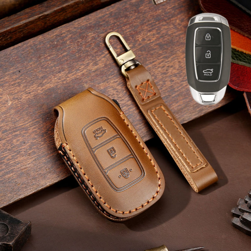 Load image into Gallery viewer, Hyundai Handcrafted Genuine Leather Car Key Protective Case For Santa Fe, Tucson, Palisade, Kona, Santa Fe, Azera
