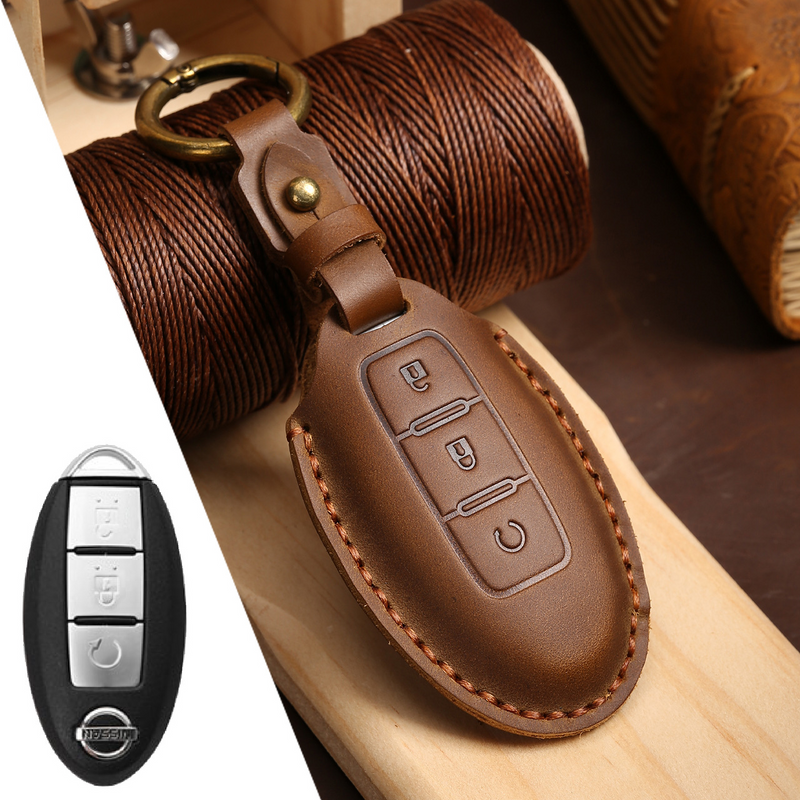 Load image into Gallery viewer, Nissan Handcrafted Genuine Leather Car Key Fob Case Cover For Pathfinder, Murano, Micra, Altima, Sentra,  Note, Juke, Armada, Qashqai

