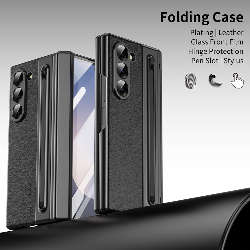 Load image into Gallery viewer, [Built-in Card Slot] Samsung Galaxy Z Fold7 Folding Electroplated PU Leather Case with Tempered Glass Screen Protector
