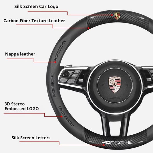 Porsche Carbon Fiber & Soft Suede Leather Luxury Grip & Anti-Slip Protection Steering Wheel Cover For Cayenne, Macan,  Panamera, 718, Taycan, 911