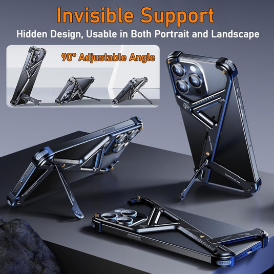 [Invisible Stand] Apple iPhone 16 Pro / Pro Max Slim Shockproof Bumper Sleek Minimalist Frameless Aluminum Shells Mechanics Series Case