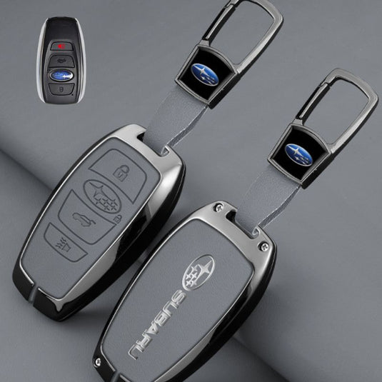 Subaru Full Metal  Coverage + PU Leather Car Key Fob Case Cover For Outback, Forester, Impreza, WRX, XV, Crosstrek, Legacy