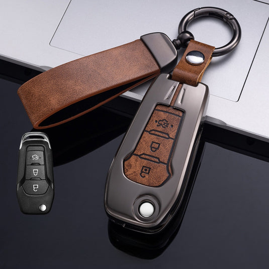 Ford Zinc Alloy Leather Folding Key Case For Ranger, Mustang, Everest, Escape, Puma, Transit, Focus, Fiesta, Ranger Raptor, Mondeo