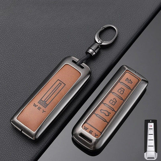 Great Wall Zinc Alloy + PU Leather Car Key Fob Case Cover For WEY VV5, VV6, VV7, Mocha