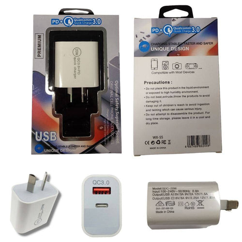 20W PD Type-C + QC 3.0 USB Dual Port Wall Travelling Charger Adapter -  (SAA Approved / AU Plug)