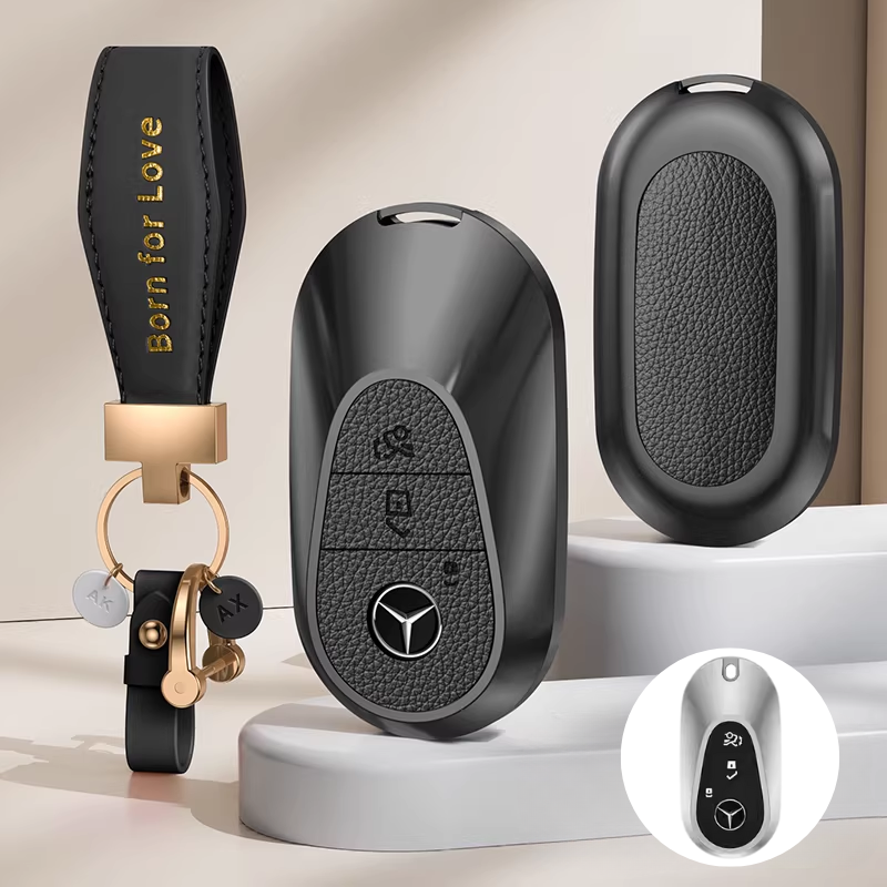 Load image into Gallery viewer, Mercedes Benz Aluminum Alloy Leather Car Key Fob Case Cover For Benz A, C, E, S, G-Class, GLA, GLB, GLC, GLE, GLS, CLA, CLS, EQC
