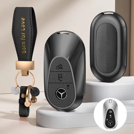 Mercedes Benz Aluminum Alloy Leather Car Key Fob Case Cover For Benz A, C, E, S, G-Class, GLA, GLB, GLC, GLE, GLS, CLA, CLS, EQC