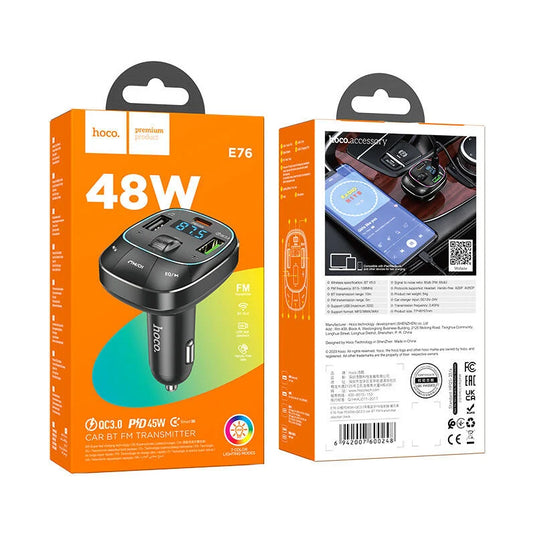 [E76] HOCO 45W Dual Port PD 30W + USB Port QC 3.0 18W Car Charging Adapter With FM Transmitter