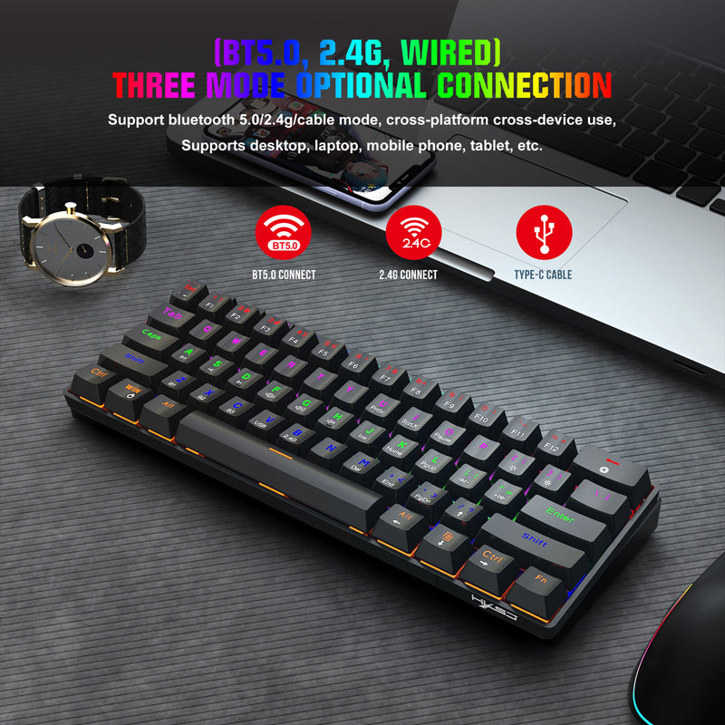 Load image into Gallery viewer, 60% Mechanical Keyboard with Coiled Cable, 2.4Ghz/Bluetooth/Wired, Wireless Bluetooth Mini Keyboard 61 Keys, RGB Hot Swappable Blue Switch Gaming Keyboard
