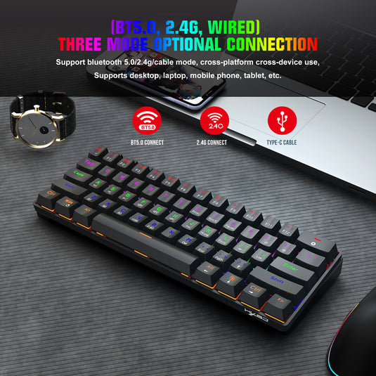 60% Mechanical Keyboard with Coiled Cable, 2.4Ghz/Bluetooth/Wired, Wireless Bluetooth Mini Keyboard 61 Keys, RGB Hot Swappable Blue Switch Gaming Keyboard