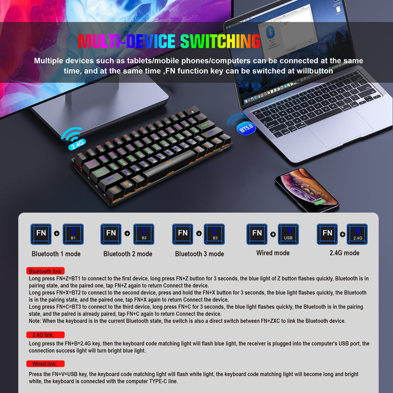 Load image into Gallery viewer, 60% Mechanical Keyboard with Coiled Cable, 2.4Ghz/Bluetooth/Wired, Wireless Bluetooth Mini Keyboard 61 Keys, RGB Hot Swappable Blue Switch Gaming Keyboard
