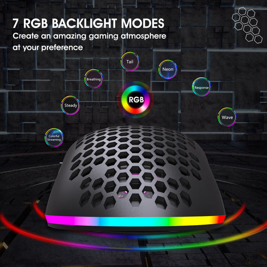 Wireless Lightweight RGB Gaming Mouse With Honeycomb Shell 6 Programmable Buttons