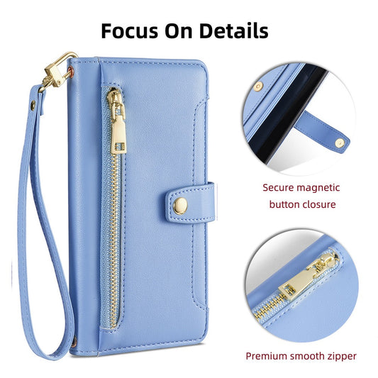 [With Card Slot] Apple iPhone 16/E/Plus/Pro/Max - Multi-Function Flip Leather Zipper Wallet Case With Wrist & Shoulder Strap