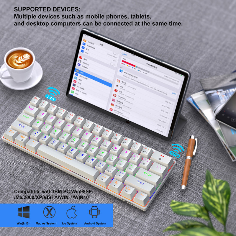 Load image into Gallery viewer, 60% Mechanical Keyboard with Coiled Cable, 2.4Ghz/Bluetooth/Wired, Wireless Bluetooth Mini Keyboard 61 Keys, RGB Hot Swappable Blue Switch Gaming Keyboard
