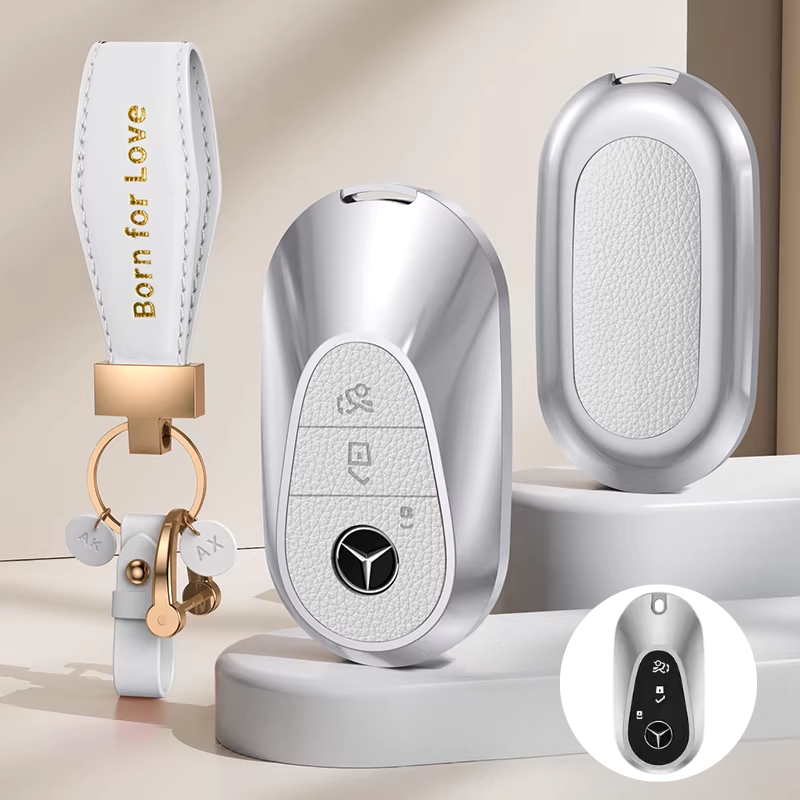 Load image into Gallery viewer, Mercedes Benz Aluminum Alloy Leather Car Key Fob Case Cover For Benz A, C, E, S, G-Class, GLA, GLB, GLC, GLE, GLS, CLA, CLS, EQC
