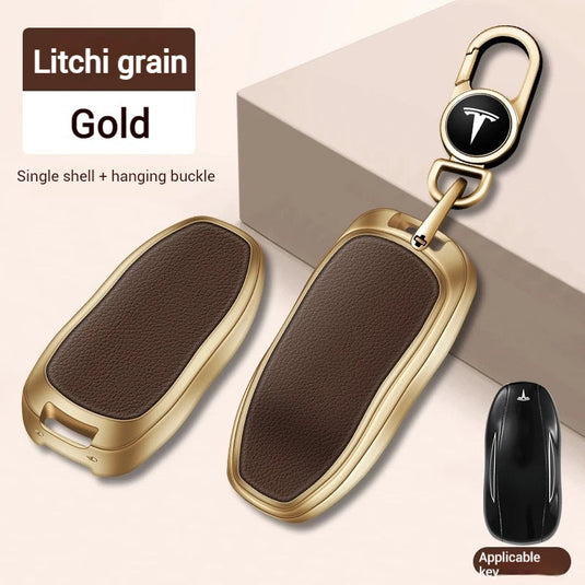 Tesla Metallic Finish + Lychee Pattern Car Key Fob Case for Model 3, Y, X, S