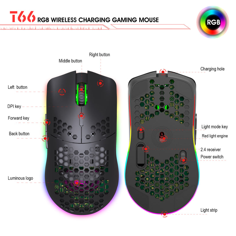 Load image into Gallery viewer, Wireless Lightweight RGB Gaming Mouse With Honeycomb Shell 6 Programmable Buttons
